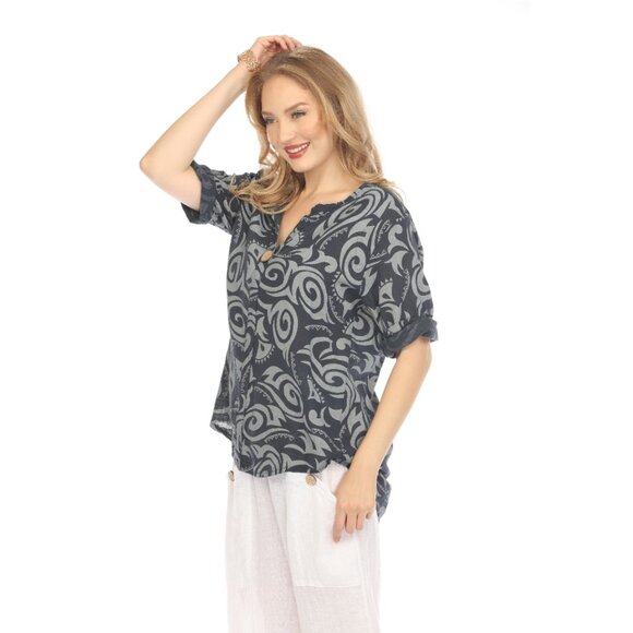 Navy Spiral Print V-Neck Button Detail Top - Picture 8 of 9